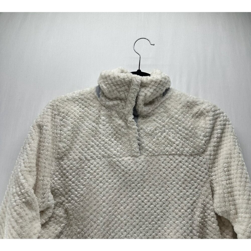 Eddie Bauer Sherpa Quilted Pullover Sweater Women M Snap Mock Neck Pockets Cream - Picture 3 of 11